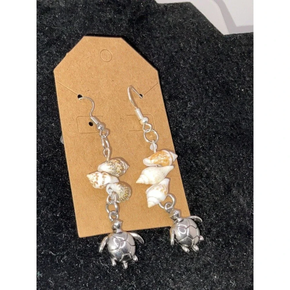 Sea Turtle Sea Shell Charm 14k White Heavy Plated Earrings French wire fish hook